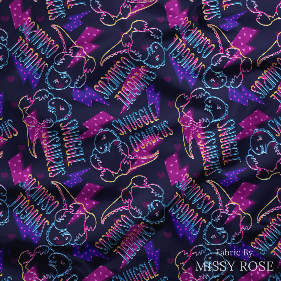 Design 1063 Snugglosaurus Fabric draped fabric mockup – custom printed fabric by the metre | Fabric by Missy Rose