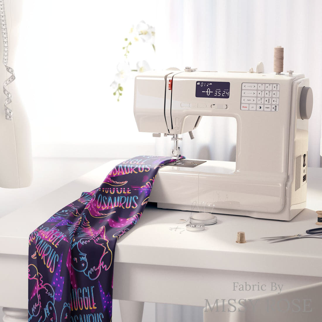 Design 1063 Snugglosaurus Fabric on a sewing machine – premium fabric for sewing projects | Fabric by Missy Rose
