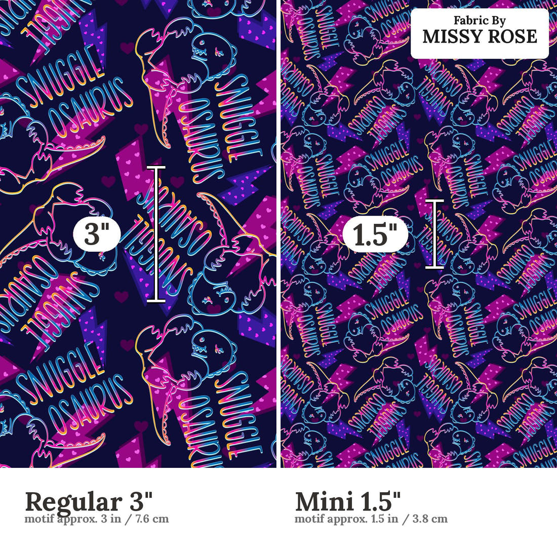 Design 1063 Snugglosaurus Fabric Regular 3 inch vs Mini 1.5 inch print scale side by side | Fabric by Missy Rose