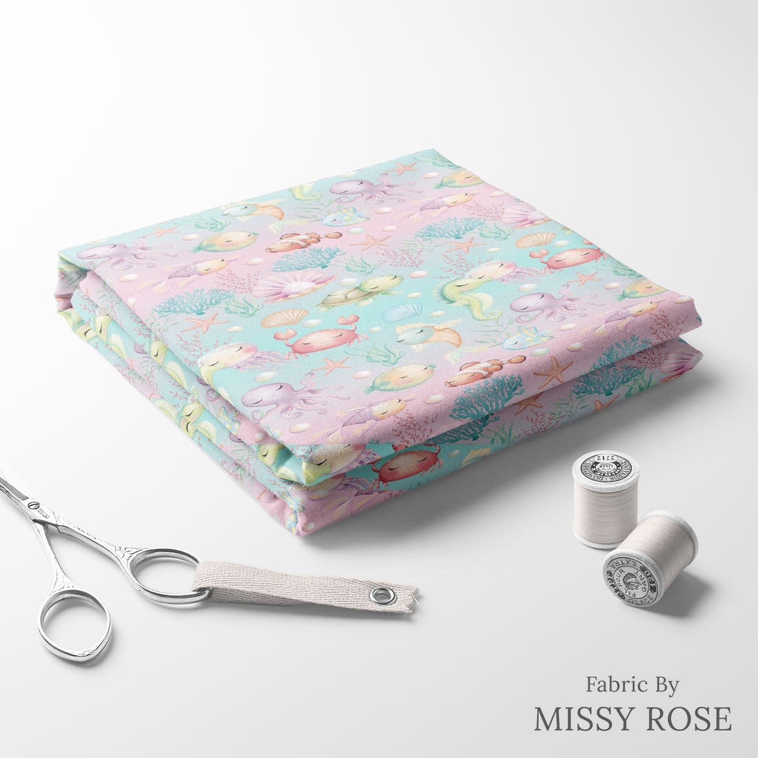 Design 1064 Sea Animals Fabric folded fabric stack with matching thread – pre-order fabric Australia | Fabric by Missy Rose