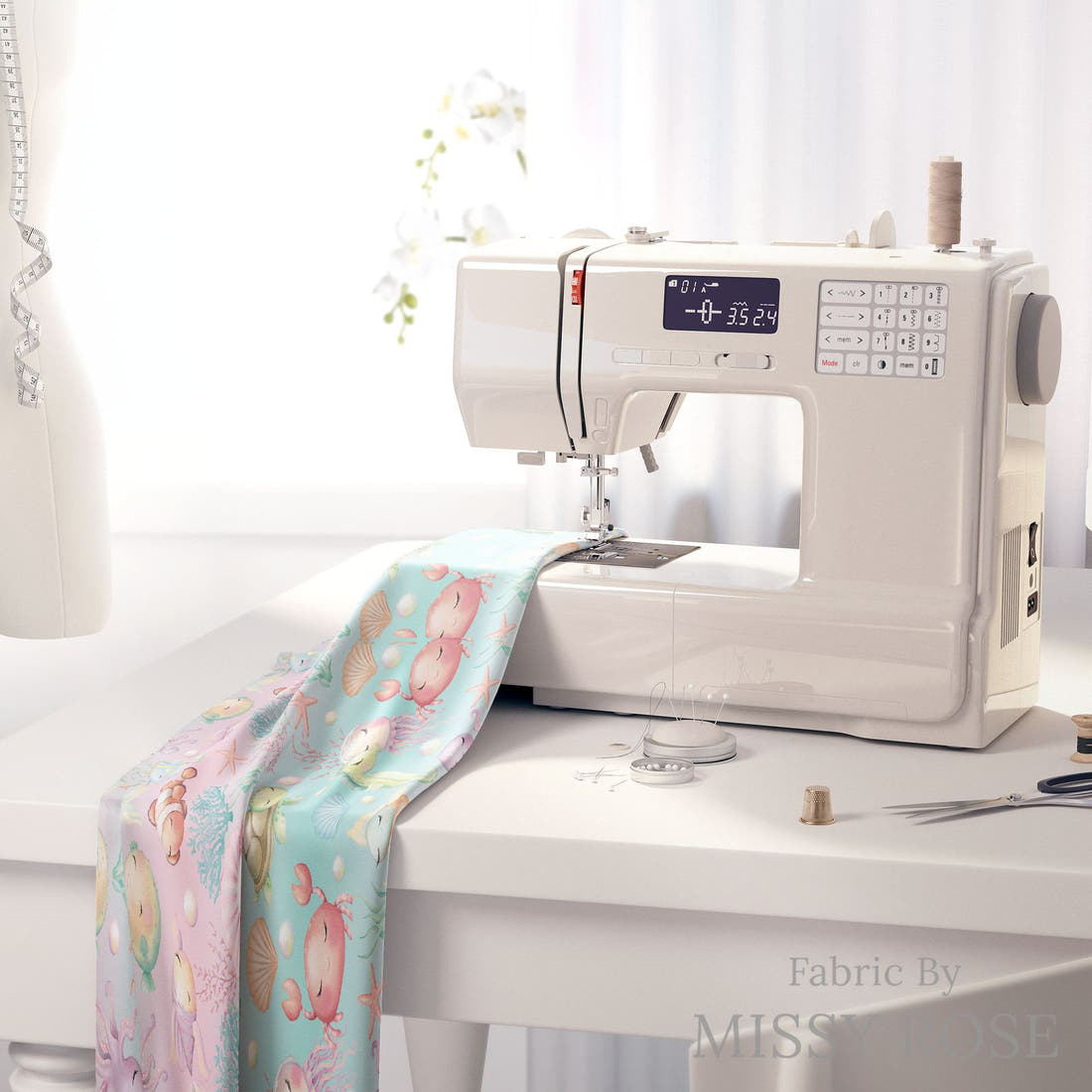 Design 1064 Sea Animals Fabric on a sewing machine – premium fabric for sewing projects | Fabric by Missy Rose