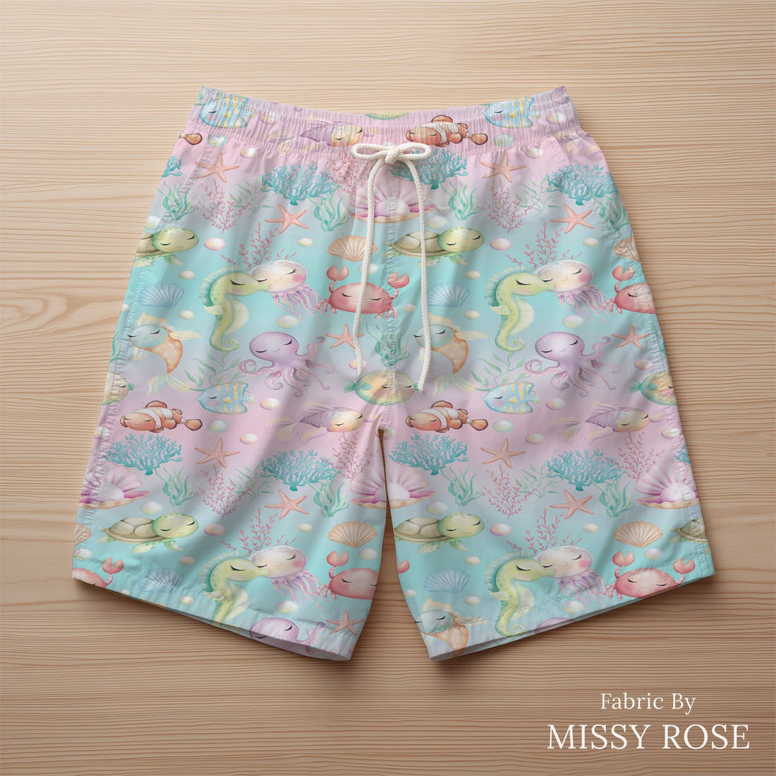 Design 1064 Sea Animals Fabric sewn into swim shorts – see how the print looks made up | Fabric by Missy Rose