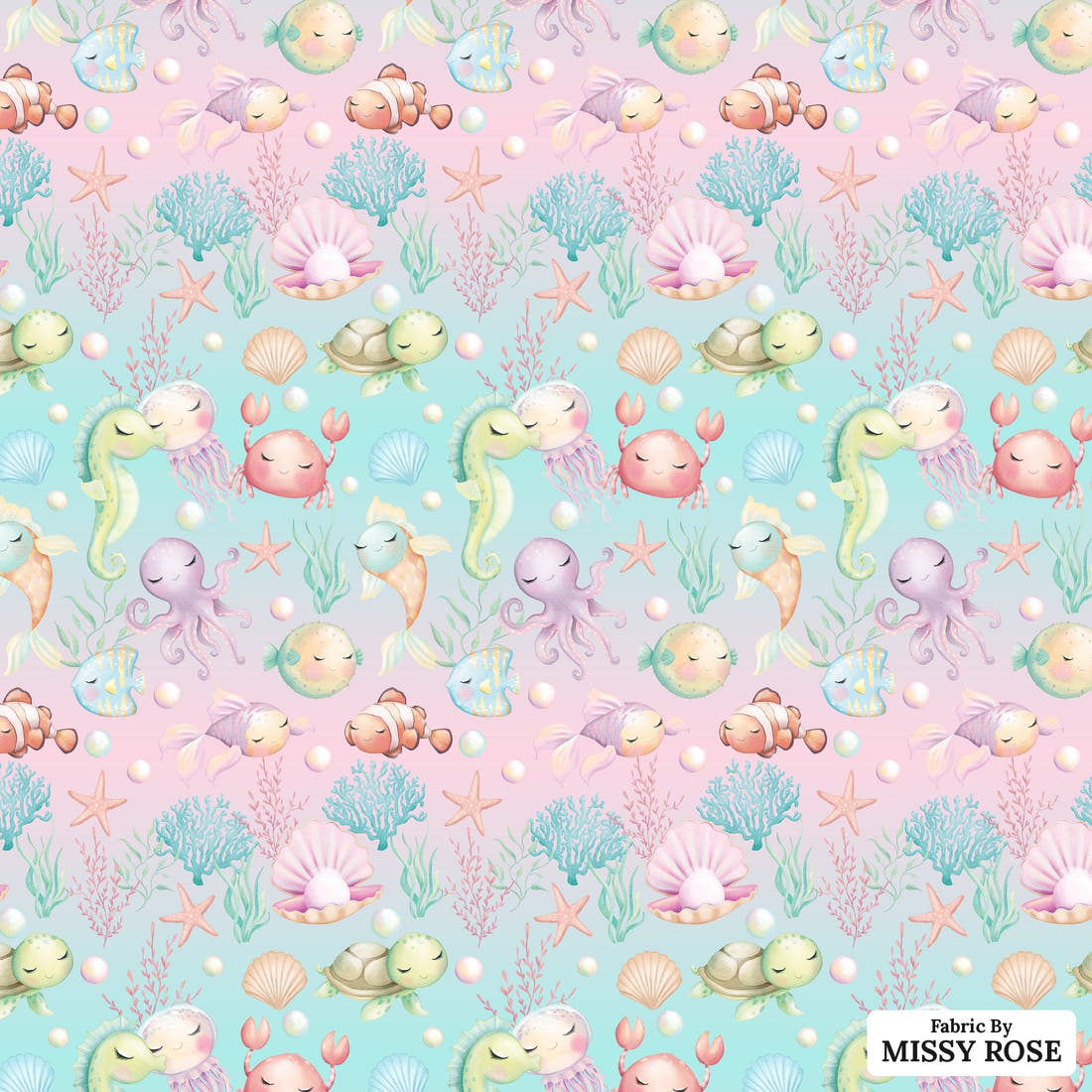 Design 1064 Sea Animals Fabric - flat view of the print, zoom in for detail | Fabric by Missy Rose