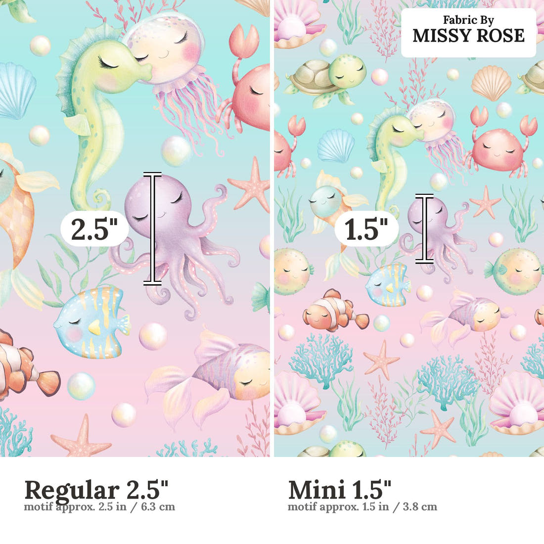 Design 1064 Sea Animals Fabric size comparison - print scale | Fabric by Missy Rose