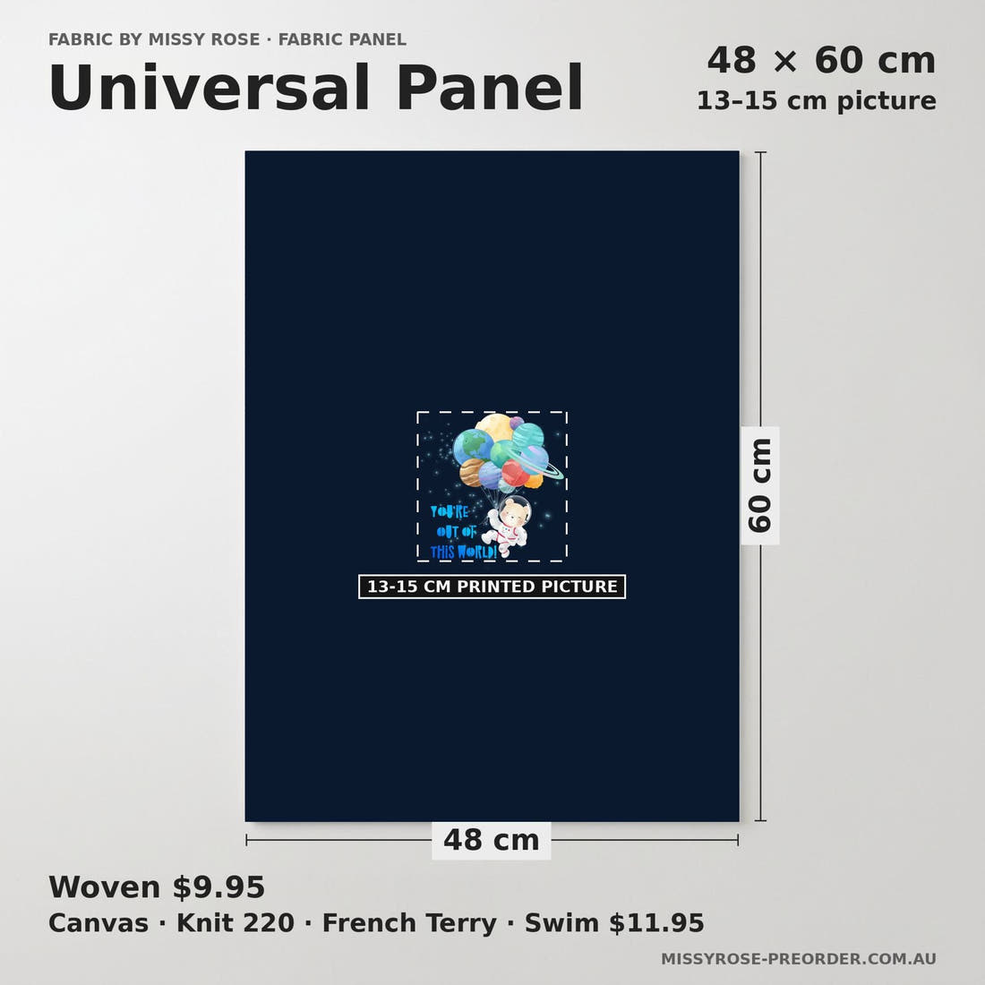 Design 1065 Space Bear Panel universal panel sizing – 13–15 cm printed picture on 48 × 60 cm fabric | Fabric by Missy Rose