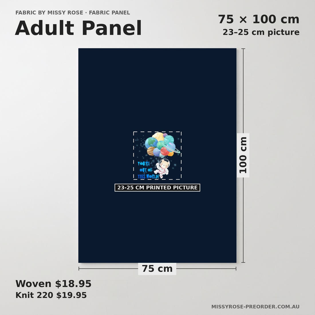 Design 1065 Space Bear Panel adult panel sizing – 23–25 cm printed picture on 75 × 100 cm fabric | Fabric by Missy Rose
