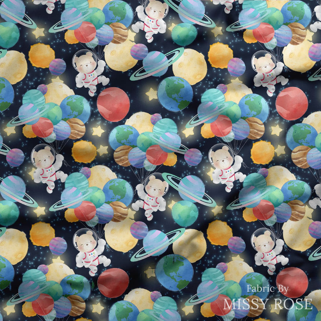 Design 1065 Space Bear Fabric draped fabric mockup – custom printed fabric by the metre | Fabric by Missy Rose