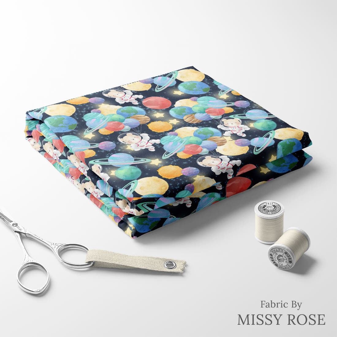 Design 1065 Space Bear Fabric folded fabric stack with matching thread – pre-order fabric Australia | Fabric by Missy Rose