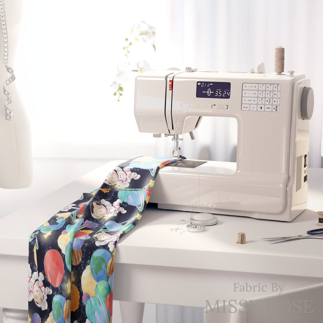 Design 1065 Space Bear Fabric on a sewing machine – premium fabric for sewing projects | Fabric by Missy Rose
