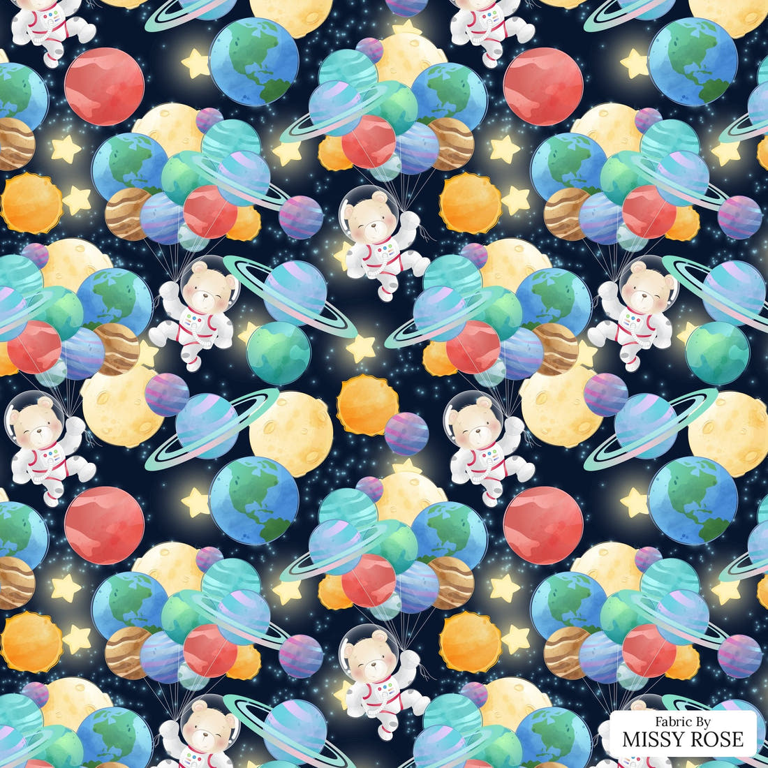 Design 1065 Space Bear Fabric – flat view of the print, zoom in for detail | Fabric by Missy Rose