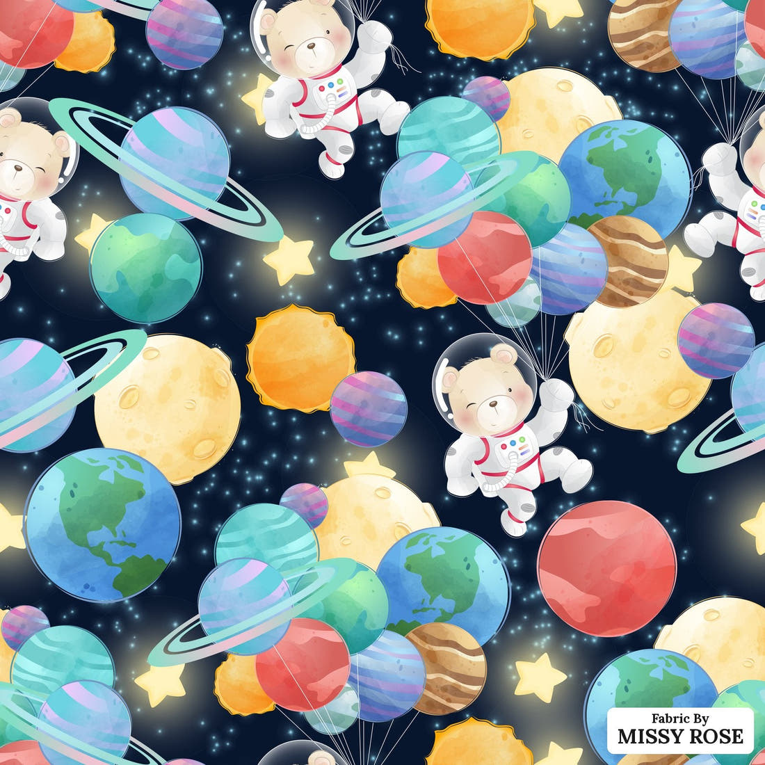 Design 1065 Space Bear Fabric – flat view of the print, zoom in for detail | Fabric by Missy Rose