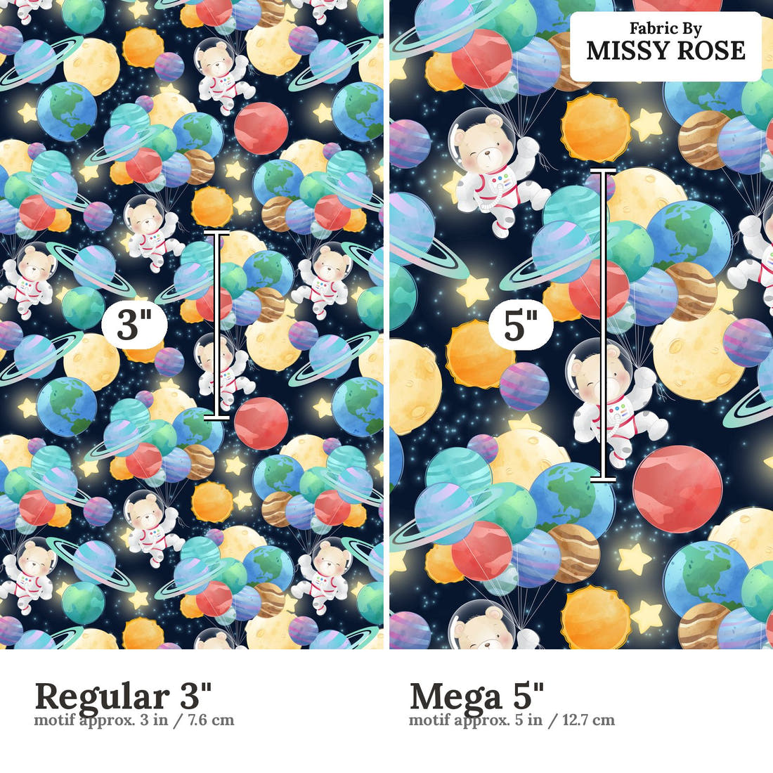Design 1065 Space Bear Fabric Regular 3 inch vs Mega 5 inch print scale side by side | Fabric by Missy Rose