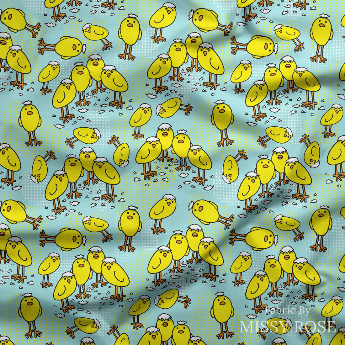 Design 1066 Chicks Fabric draped fabric mockup – custom printed fabric by the metre | Fabric by Missy Rose