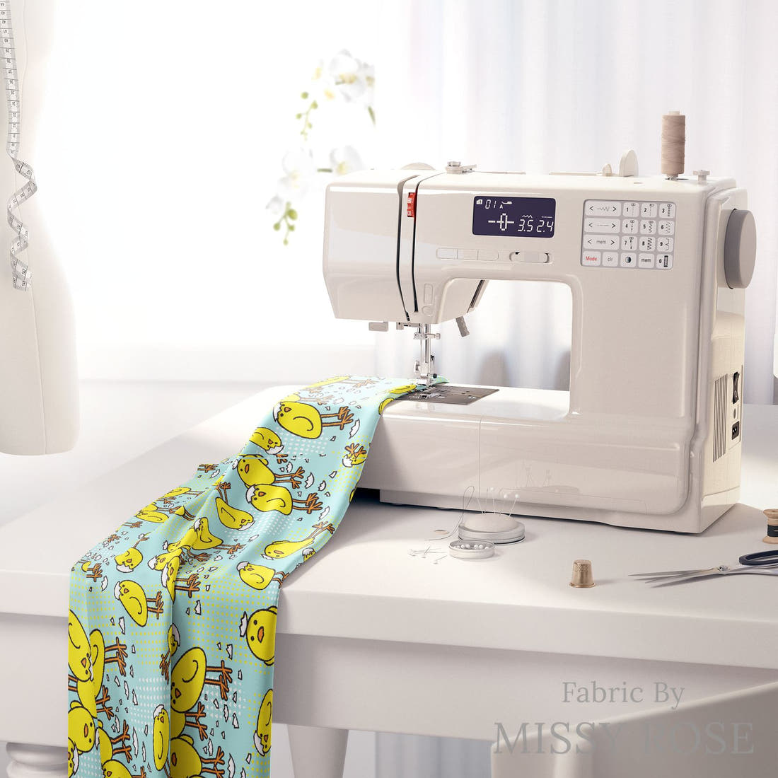 Design 1066 Chicks Fabric on a sewing machine – premium fabric for sewing projects | Fabric by Missy Rose