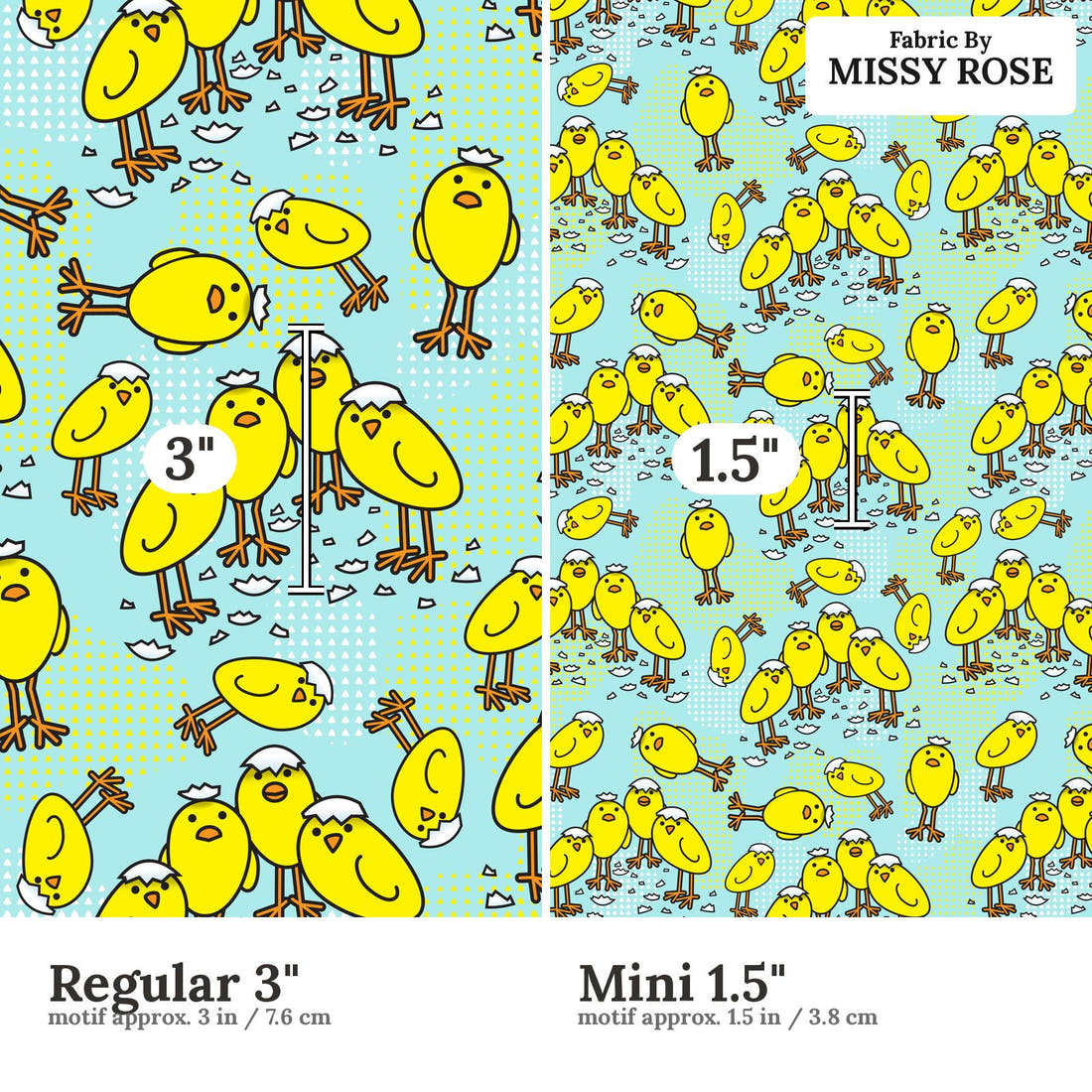 Design 1066 Chicks Fabric Regular 3 inch vs Mini 1.5 inch print scale side by side | Fabric by Missy Rose
