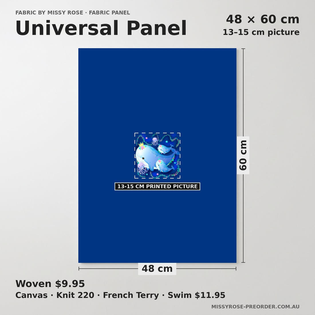 Design 1067 Whale Panel universal panel sizing – 13–15 cm printed picture on 48 × 60 cm fabric | Fabric by Missy Rose