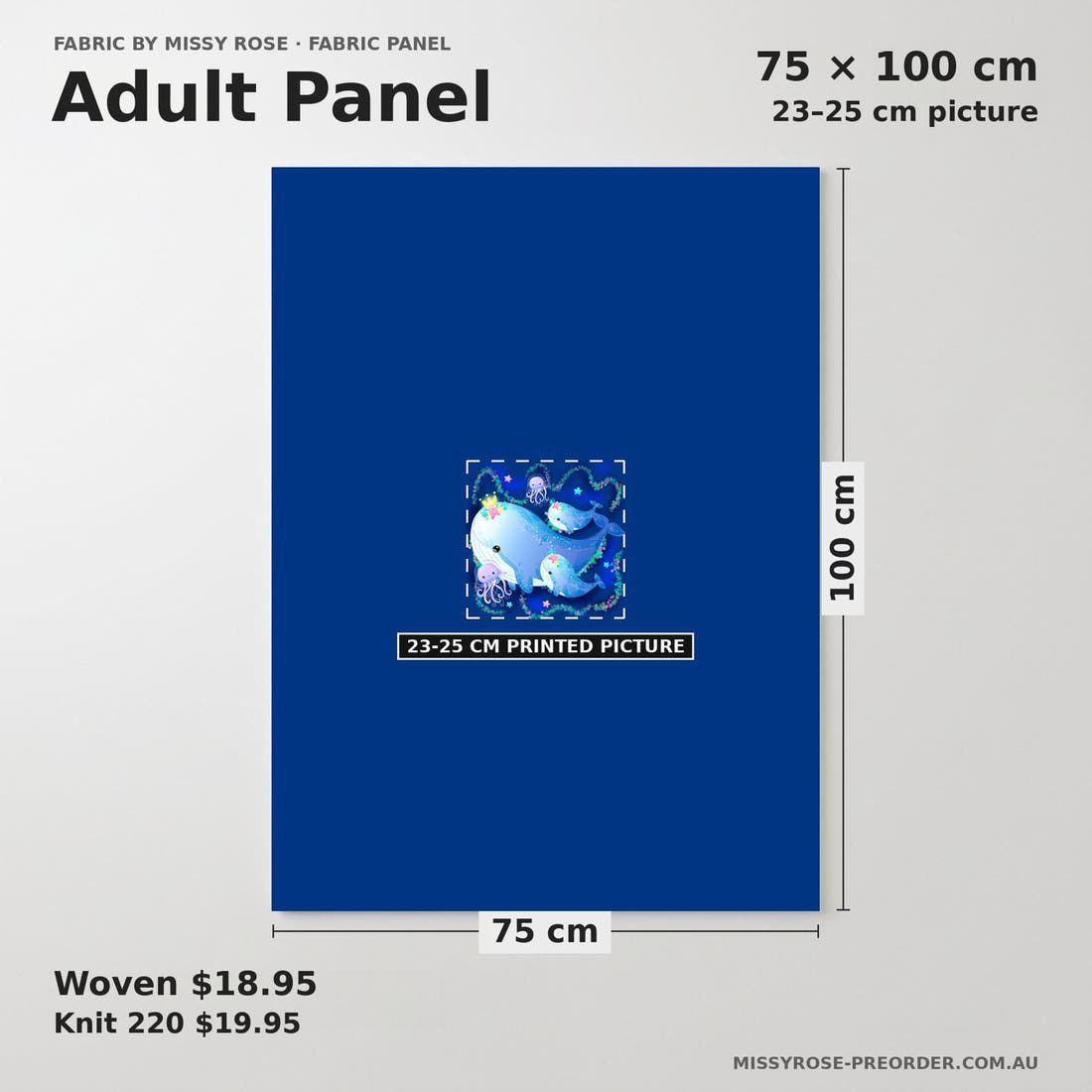 Design 1067 Whale Panel adult panel sizing – 23–25 cm printed picture on 75 × 100 cm fabric | Fabric by Missy Rose