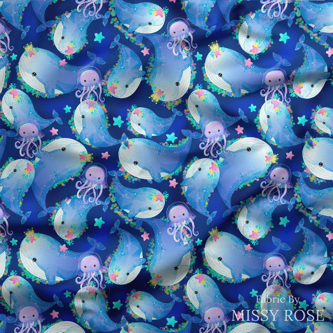 Design 1067 Whale Fabric draped fabric mockup – custom printed fabric by the metre | Fabric by Missy Rose