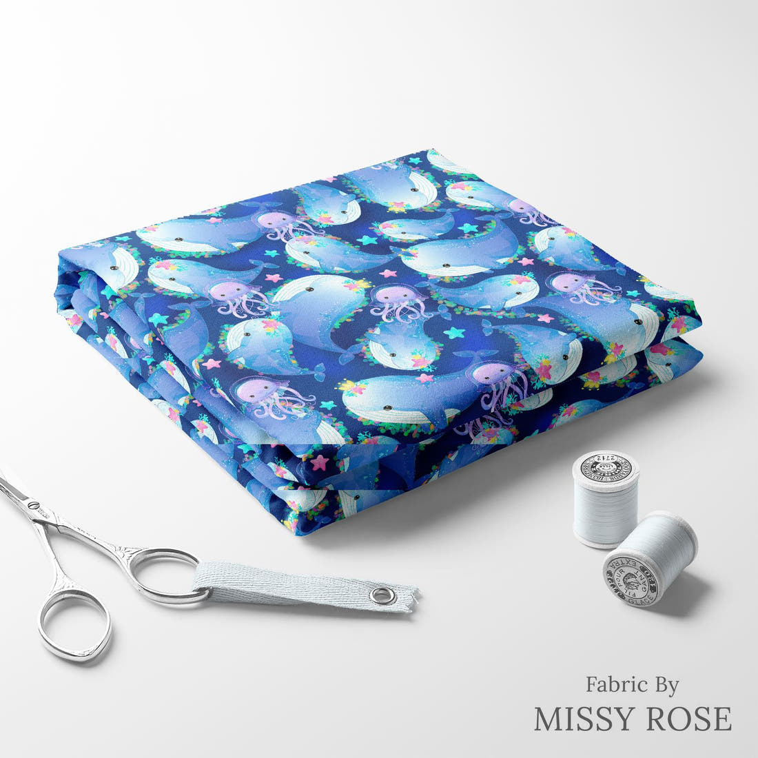 Design 1067 Whale Fabric folded fabric stack with matching thread – pre-order fabric Australia | Fabric by Missy Rose