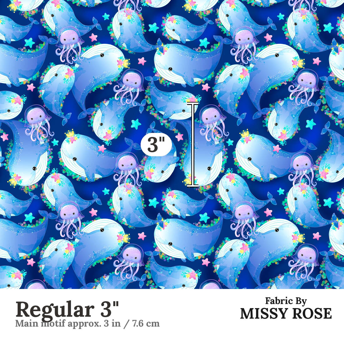 Design 1067 Whale Fabric Regular 3 inch print scale guide | Fabric by Missy Rose