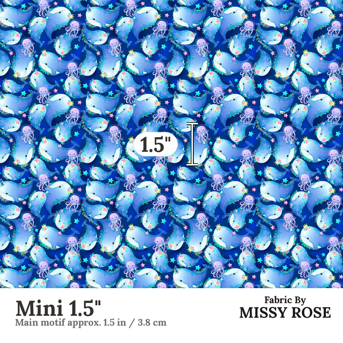 Design 1067 Whale Fabric Mini 1.5 inch print scale guide | Fabric by Missy Rose