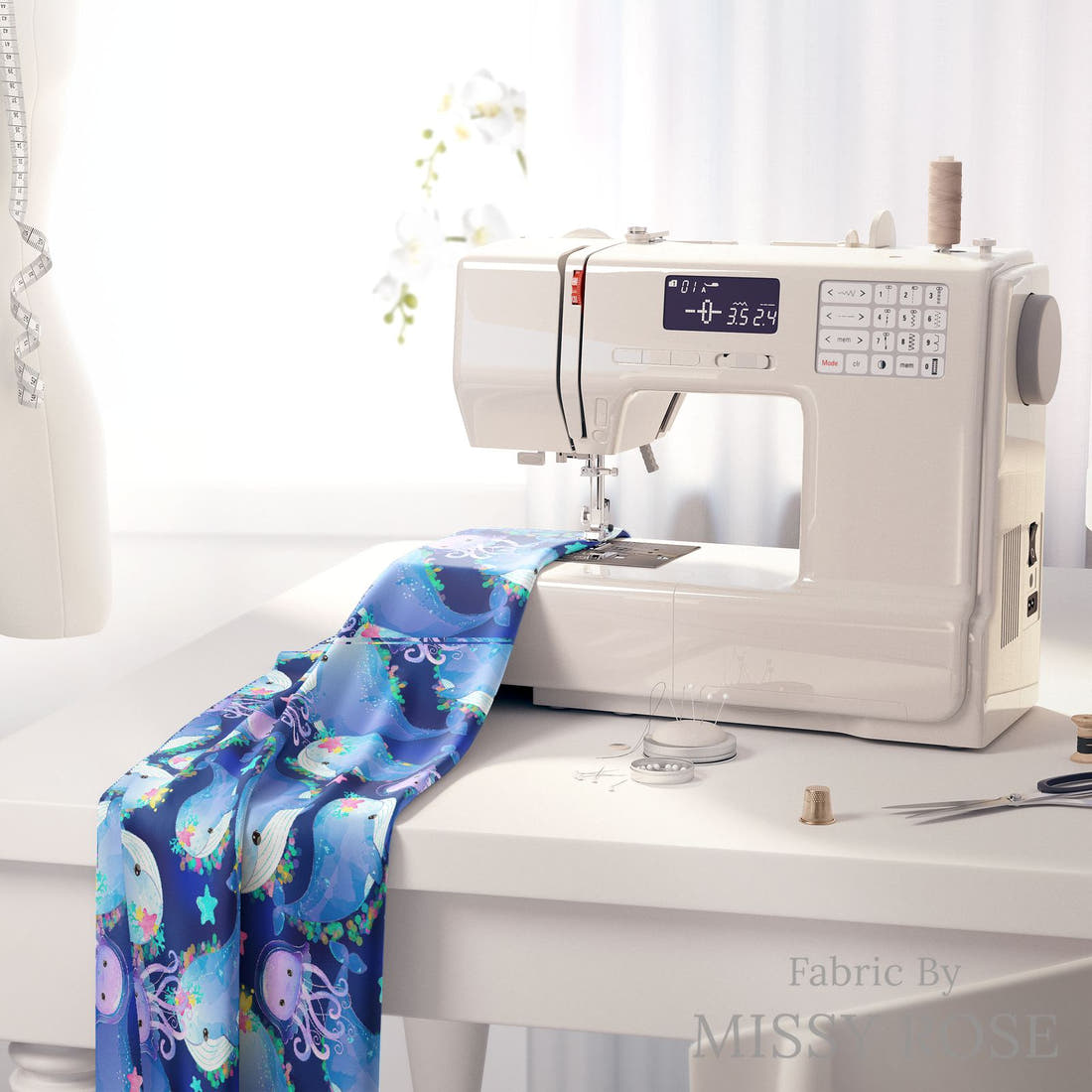 Design 1067 Whale Fabric on a sewing machine – premium fabric for sewing projects | Fabric by Missy Rose