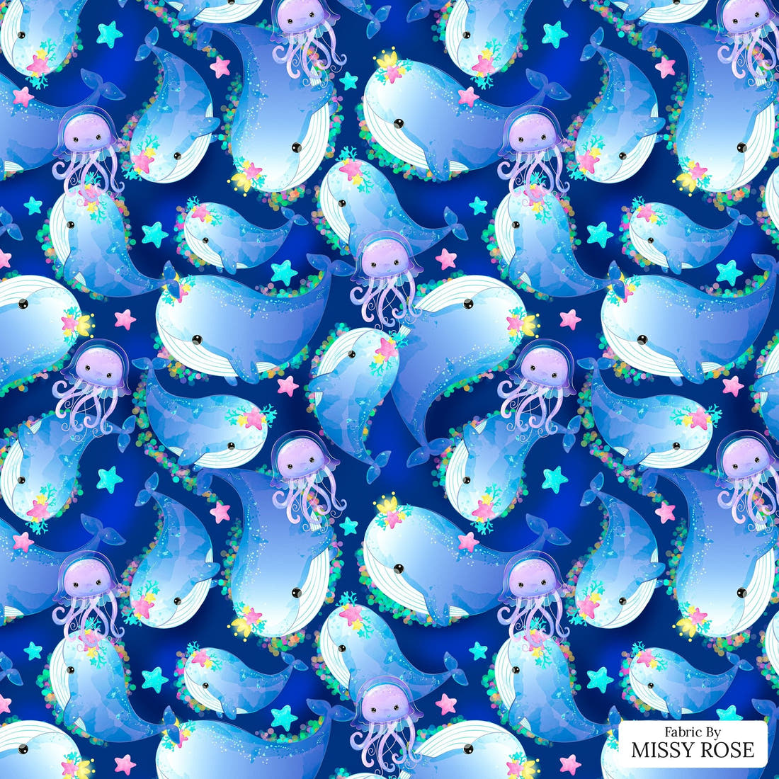 Design 1067 Whale Fabric – flat view of the print, zoom in for detail | Fabric by Missy Rose
