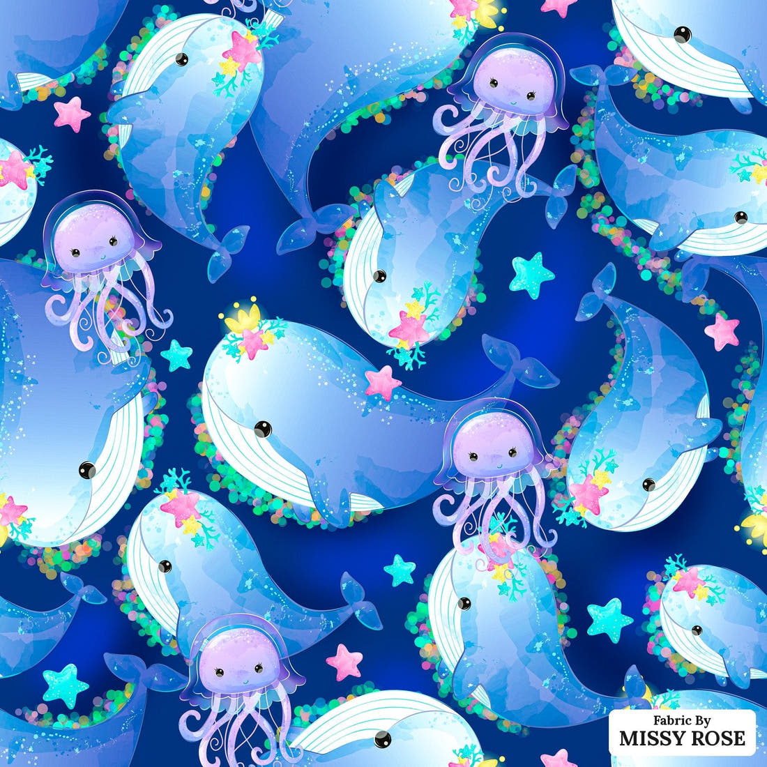Design 1067 Whale Fabric – flat view of the print, zoom in for detail | Fabric by Missy Rose