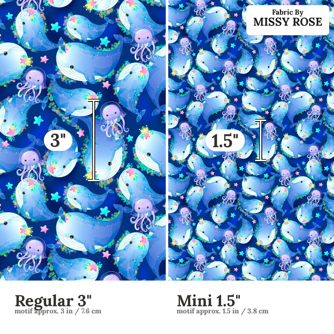 Design 1067 Whale Fabric Regular 3 inch vs Mini 1.5 inch print scale side by side | Fabric by Missy Rose