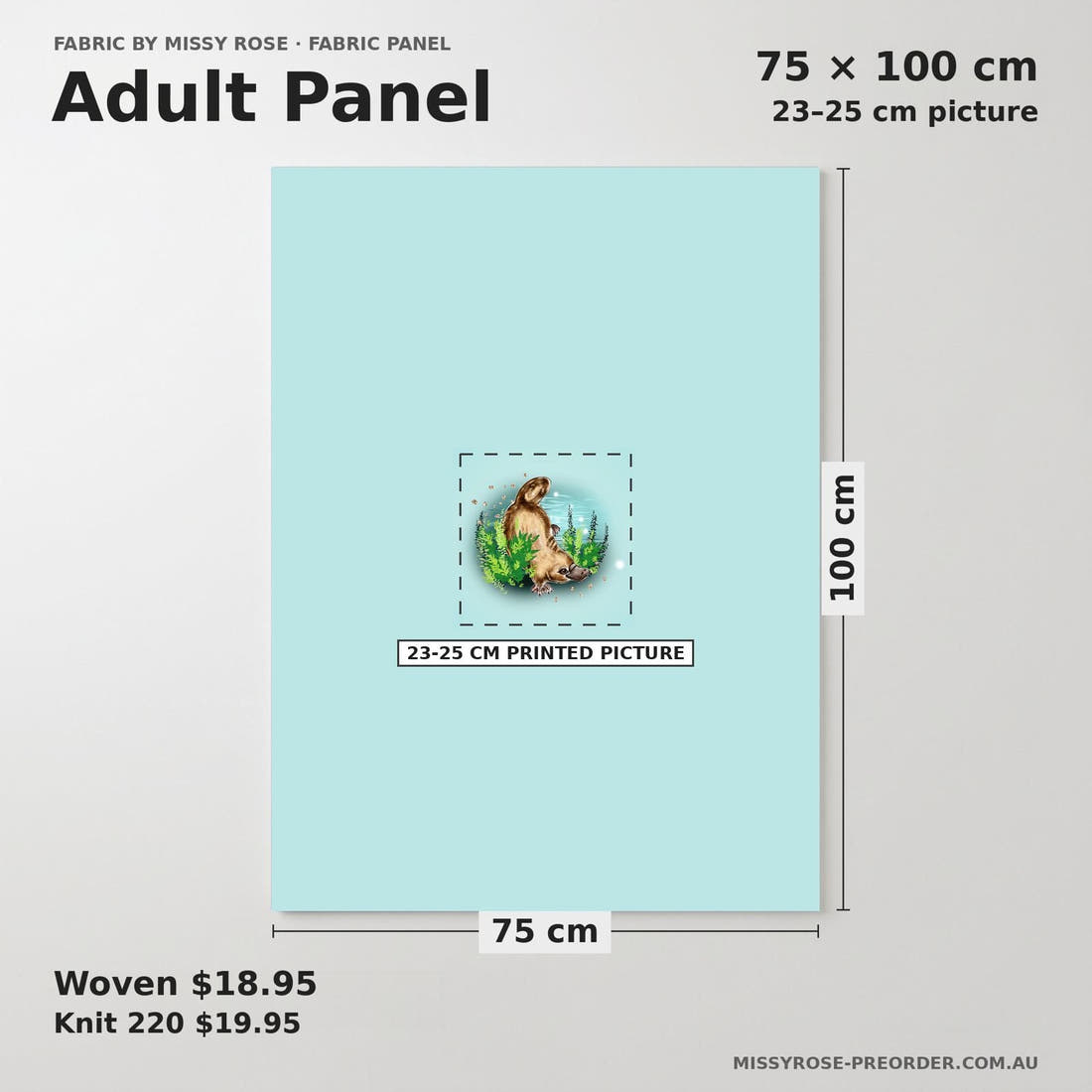 Design 1068 Platypus Panel adult panel sizing – 23–25 cm printed picture on 75 × 100 cm fabric | Fabric by Missy Rose