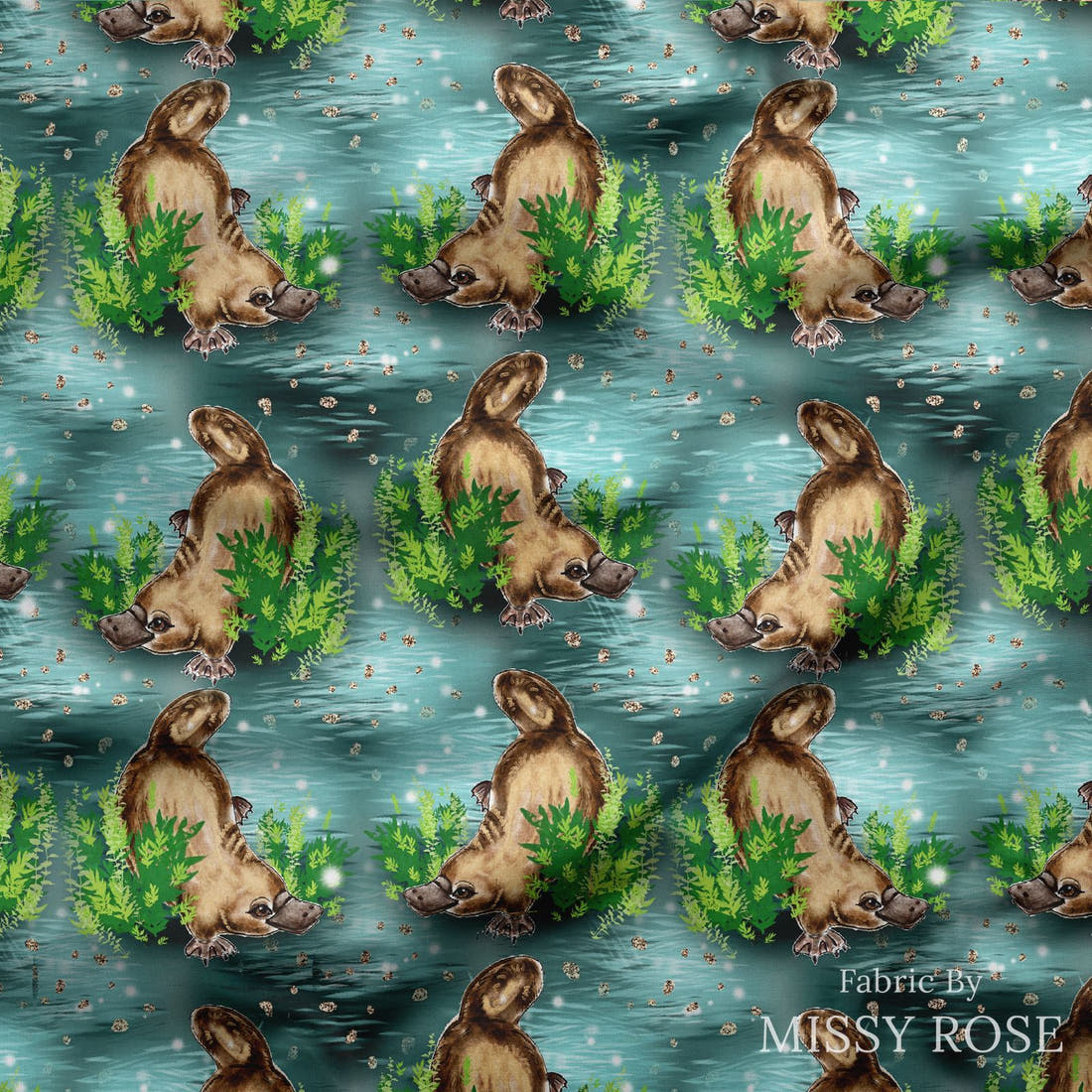 Design 1068 Platypus Fabric draped fabric mockup – custom printed fabric by the metre | Fabric by Missy Rose