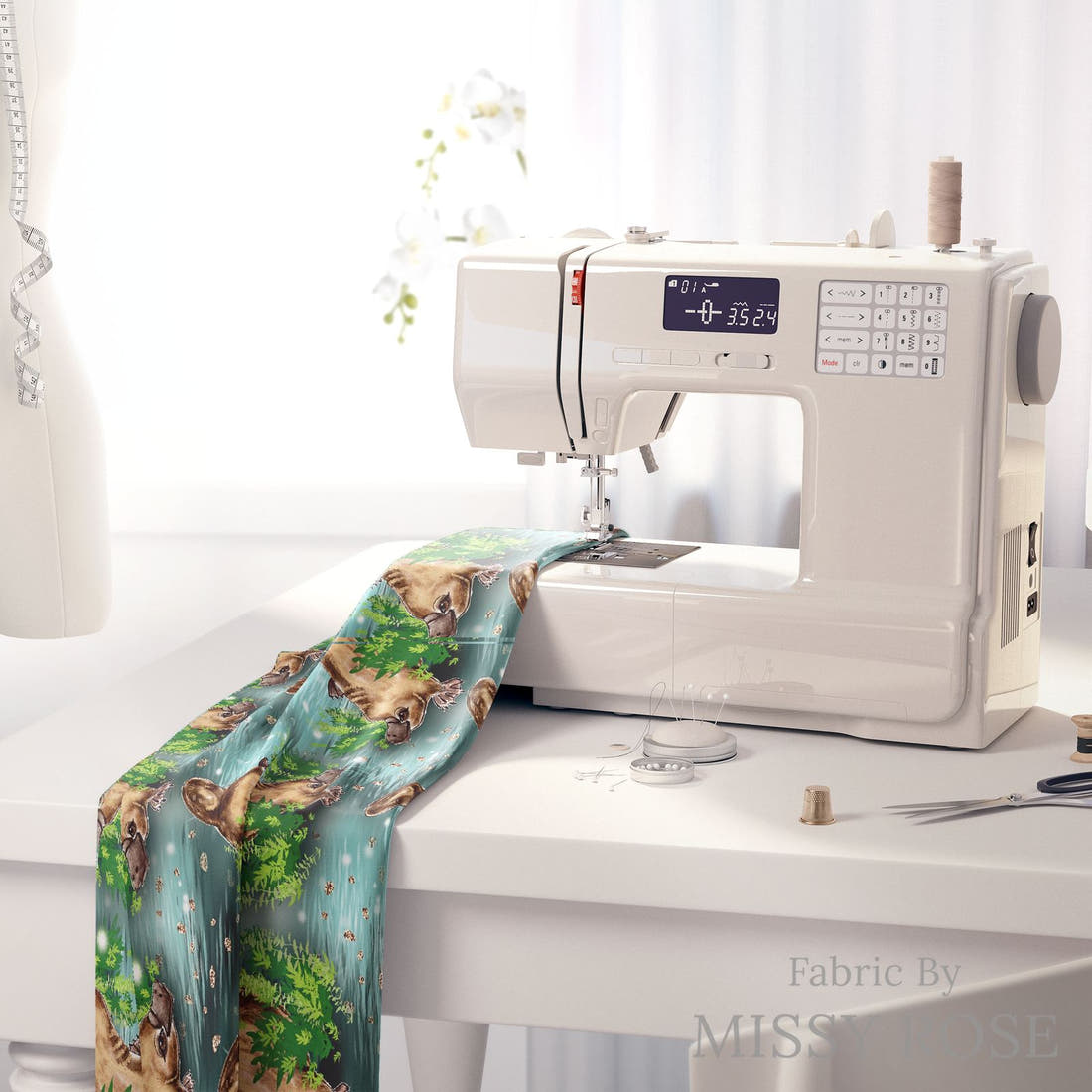 Design 1068 Platypus Fabric on a sewing machine – premium fabric for sewing projects | Fabric by Missy Rose