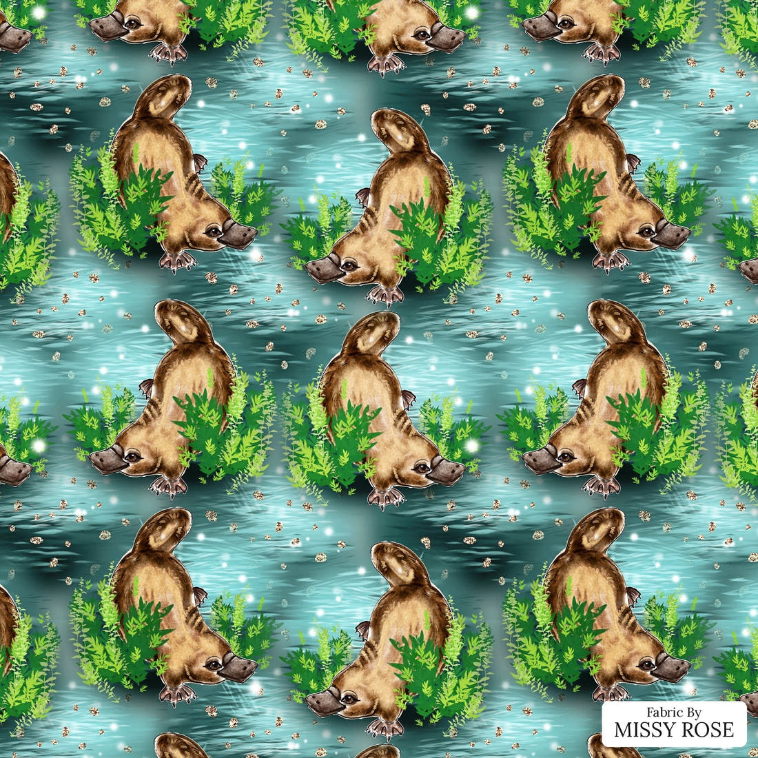 Design 1068 Platypus Fabric – flat view of the print, zoom in for detail | Fabric by Missy Rose