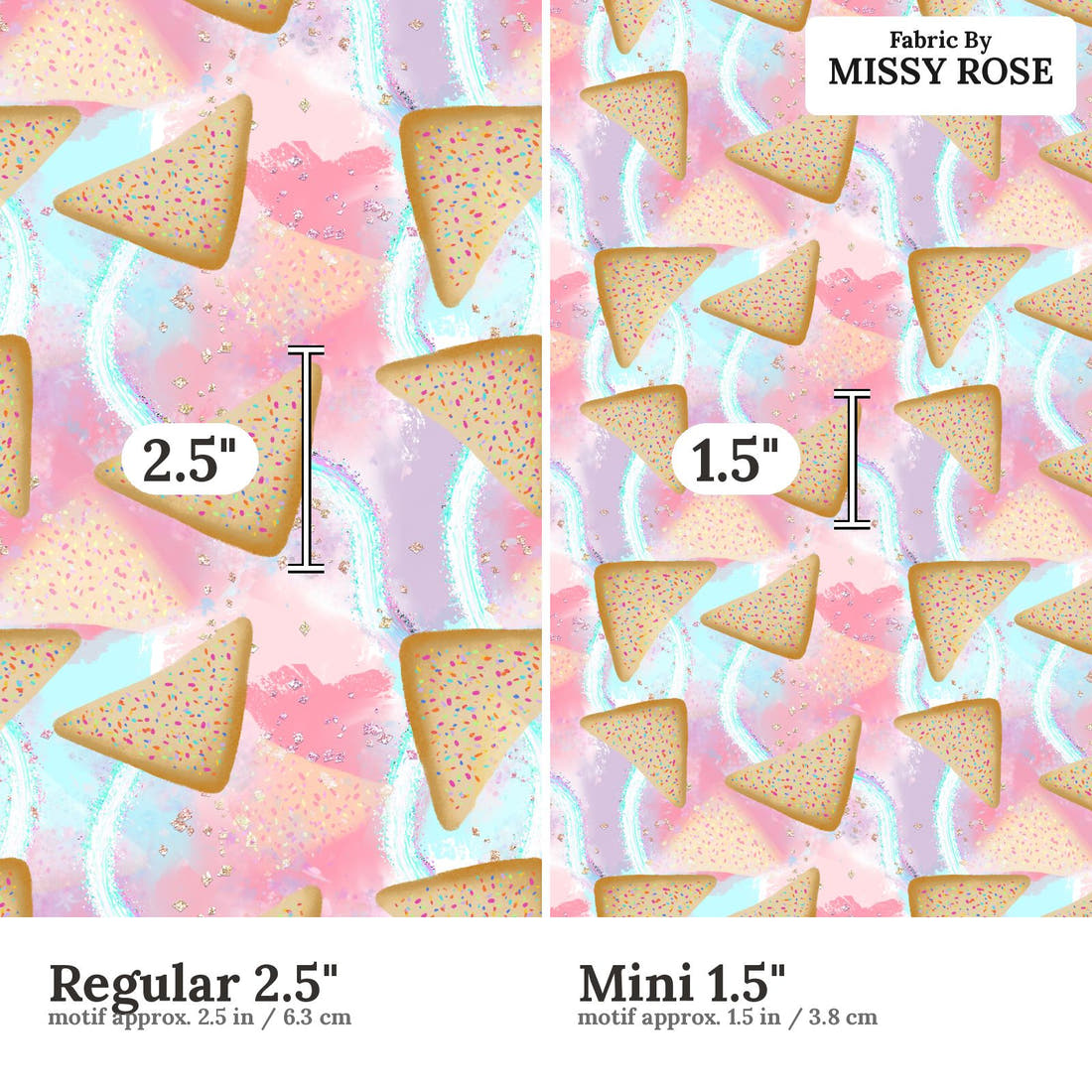 Design 1069 Fairy Bread Fabric Regular 2.5 inch vs Mini 1.5 inch print scale side by side | Fabric by Missy Rose