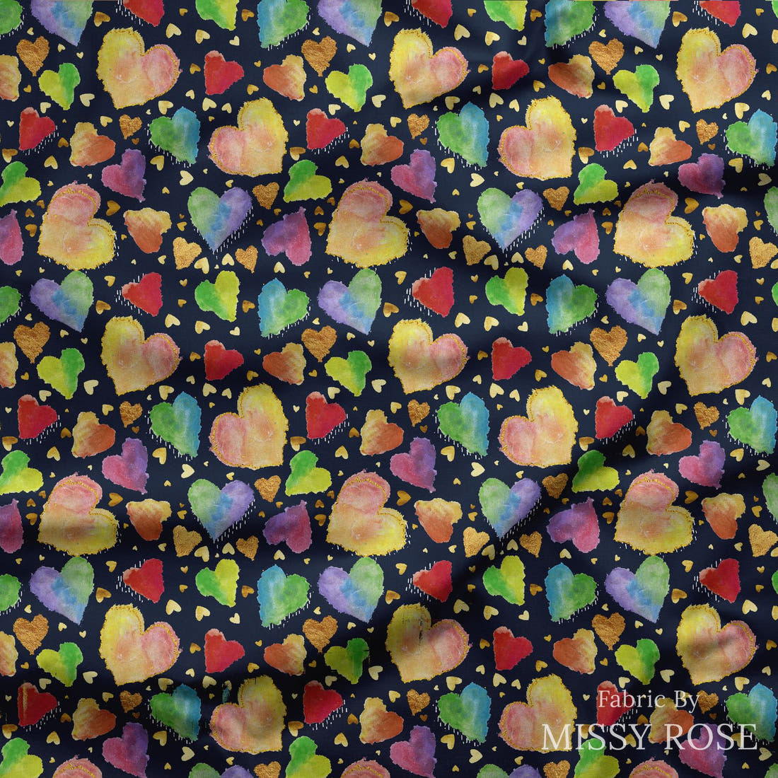 Design 107 Hearts Fabric draped fabric mockup – custom printed fabric by the metre | Fabric by Missy Rose