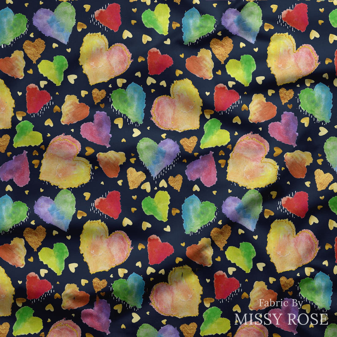 Design 107 Hearts Fabric draped fabric mockup – custom printed fabric by the metre | Fabric by Missy Rose