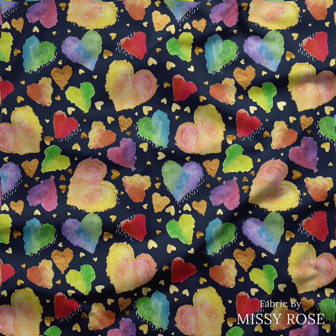 Design 107 Hearts Fabric draped fabric mockup – custom printed fabric by the metre | Fabric by Missy Rose