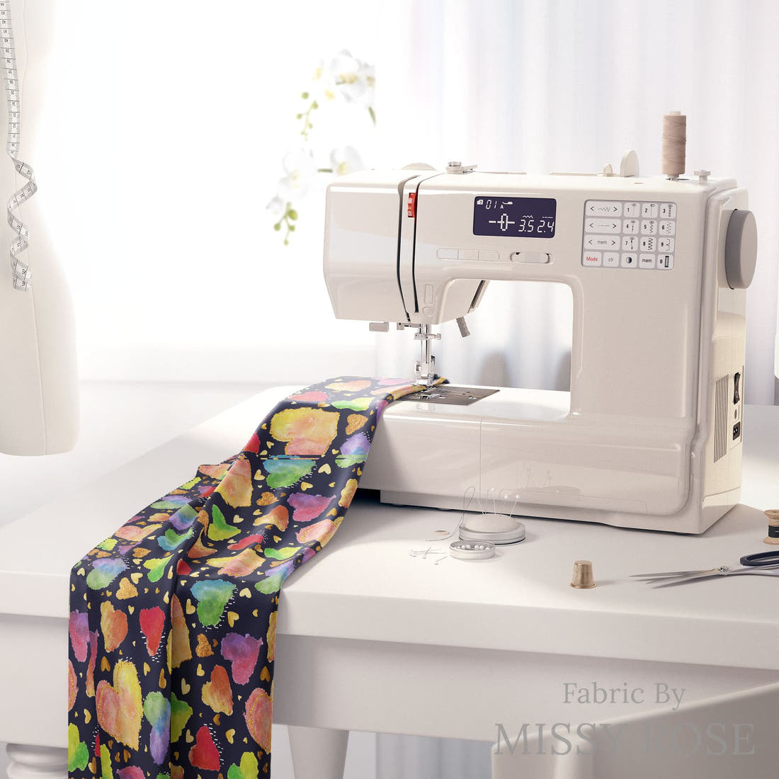 Design 107 Hearts Fabric on a sewing machine – premium fabric for sewing projects | Fabric by Missy Rose
