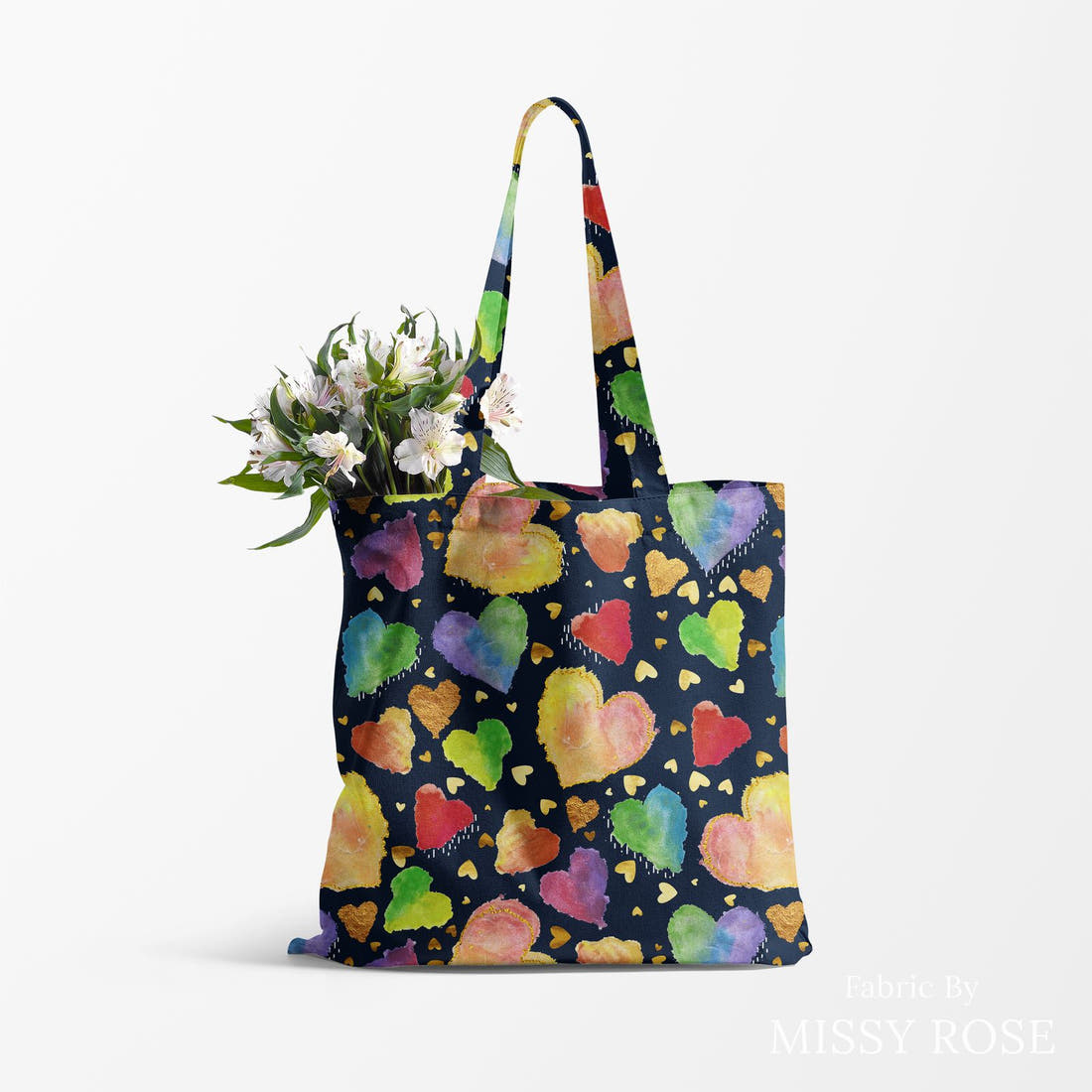 Design 107 Hearts Fabric made up as a tote bag – see how the print looks made up | Fabric by Missy Rose