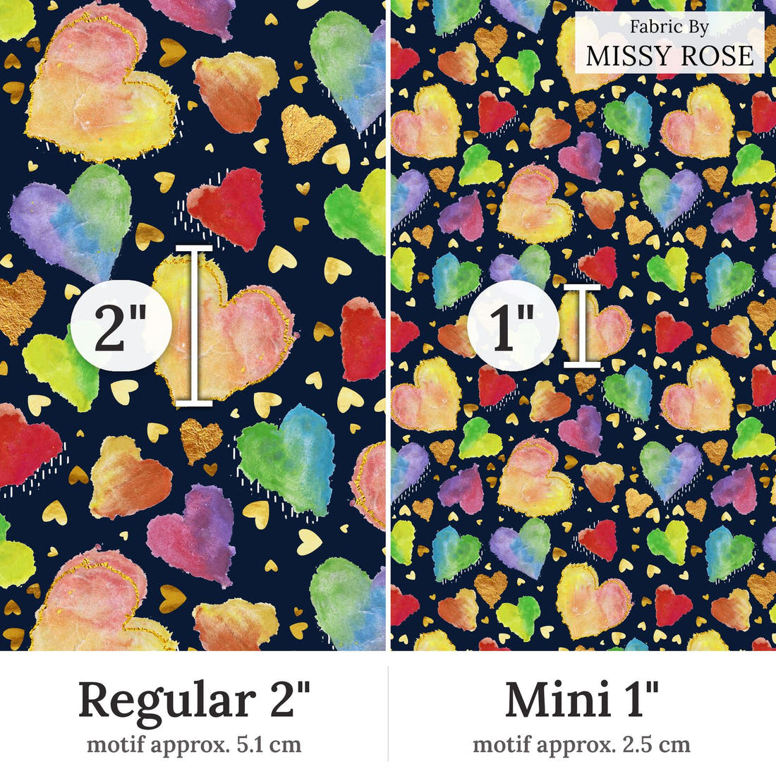 Design 107 Hearts Fabric Regular 2 inch vs Mini 1 inch print scale side by side | Fabric by Missy Rose