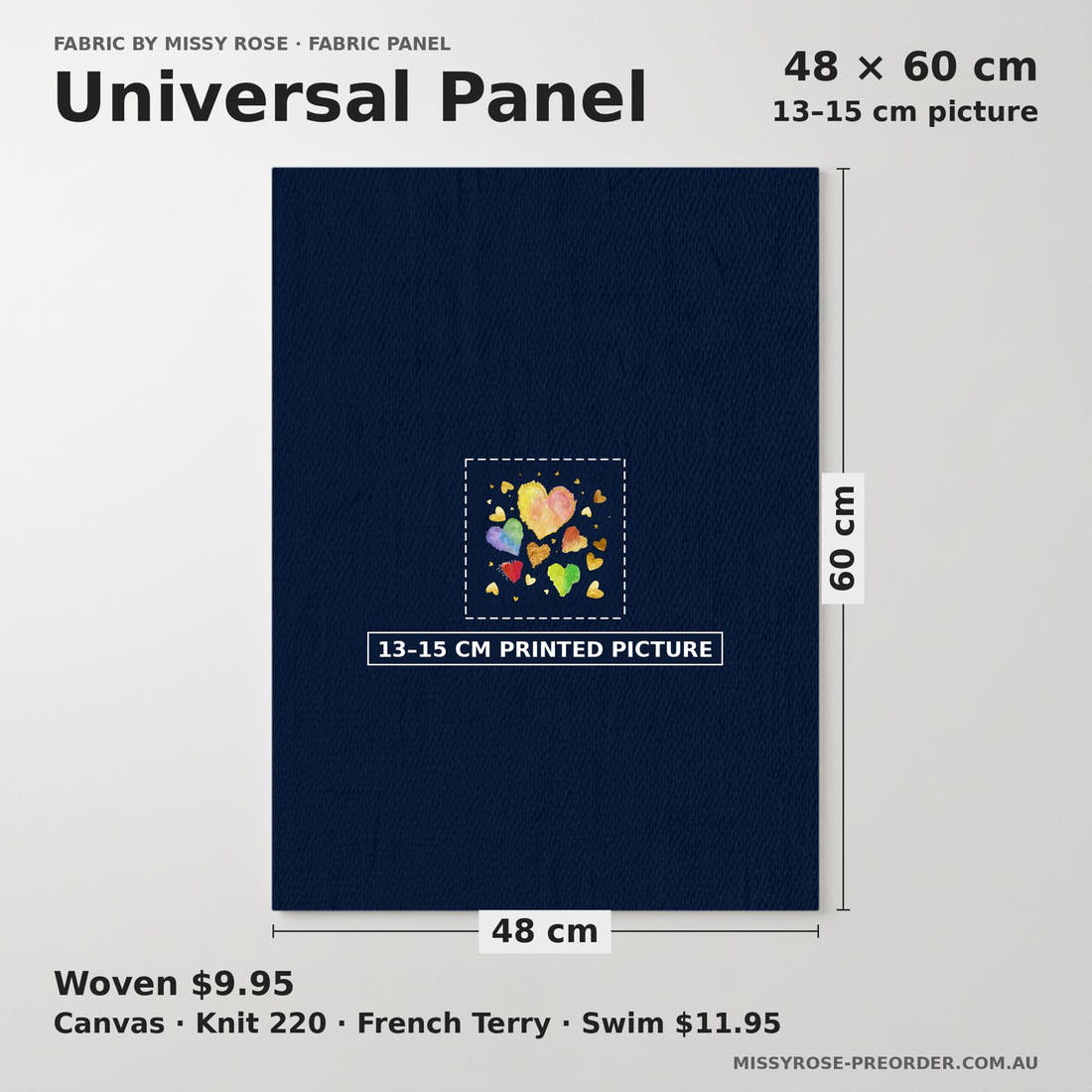 Design 107 Hearts Panel universal panel sizing – 13–15 cm printed picture on 48 × 60 cm fabric | Fabric by Missy Rose