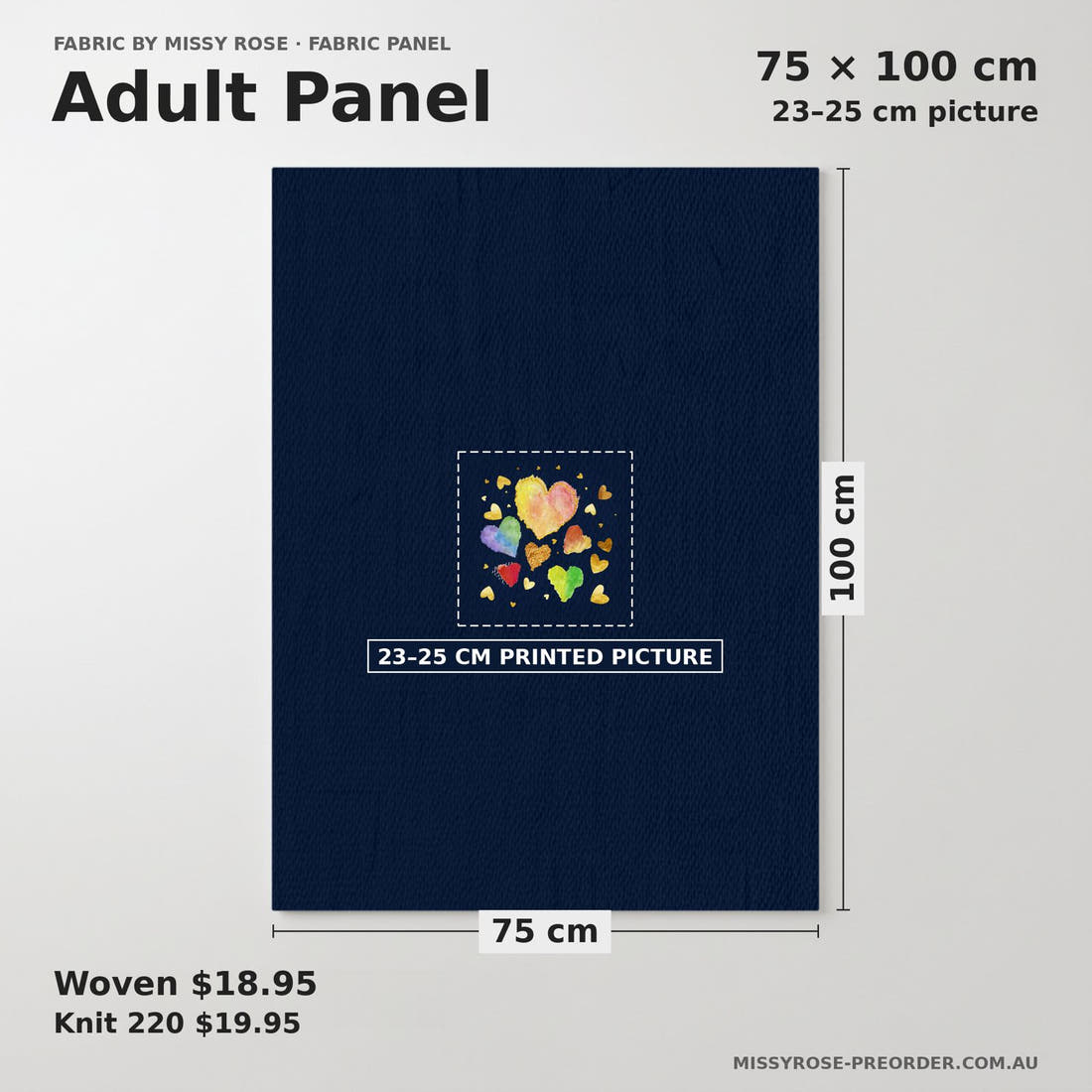 Design 107 Hearts Panel adult panel sizing – 23–25 cm printed picture on 75 × 100 cm fabric | Fabric by Missy Rose