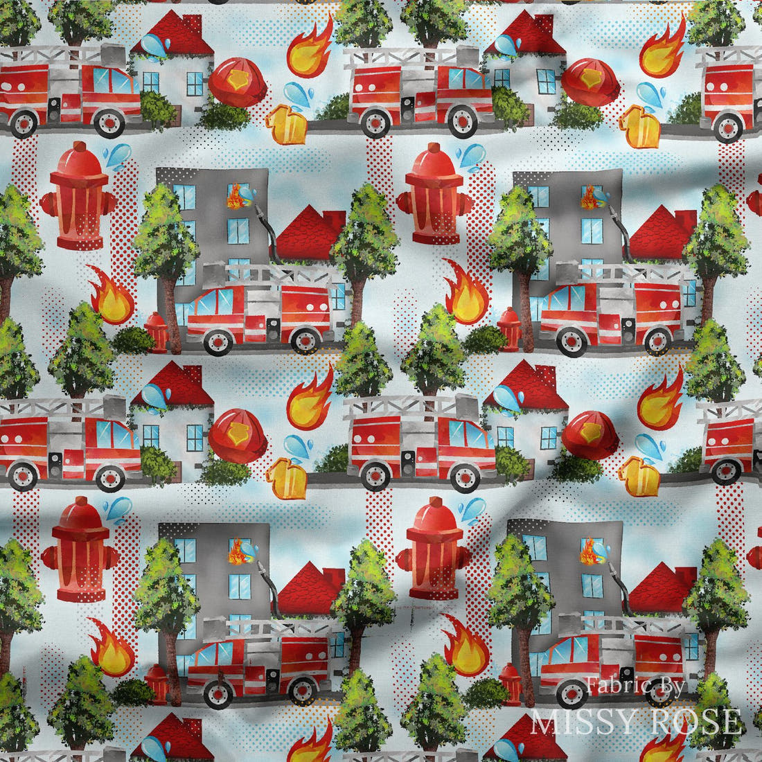 Design 1070 Fire Truck Fabric draped fabric mockup – custom printed fabric by the metre | Fabric by Missy Rose