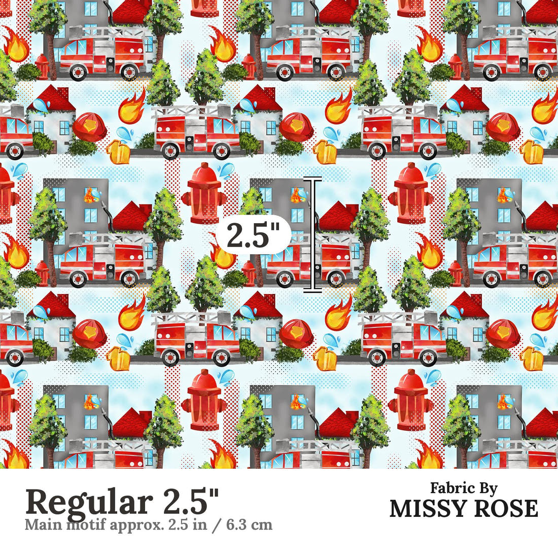 Design 1070 Fire Truck Fabric Regular 2.5 inch print scale guide | Fabric by Missy Rose