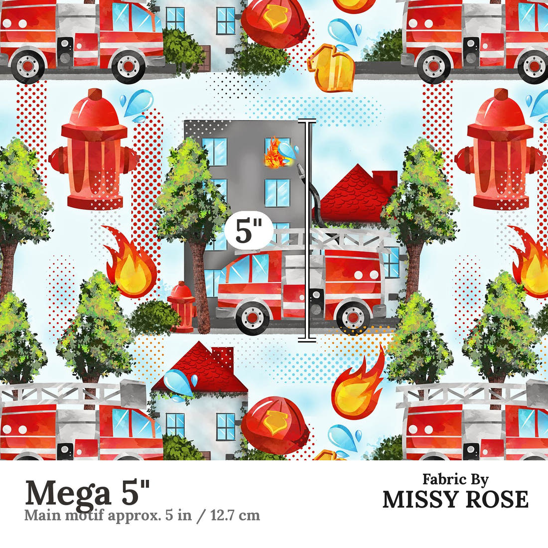 Design 1070 Fire Truck Fabric Mega 5 inch print scale guide | Fabric by Missy Rose