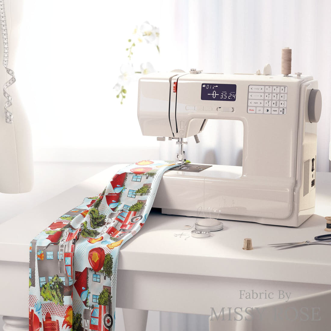Design 1070 Fire Truck Fabric on a sewing machine – premium fabric for sewing projects | Fabric by Missy Rose