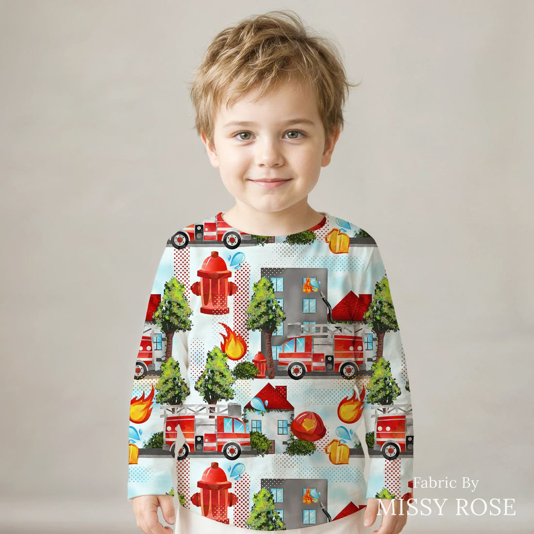 Design 1070 Fire Truck Fabric sewn into a kids' long sleeve top – see how the print looks made up | Fabric by Missy Rose