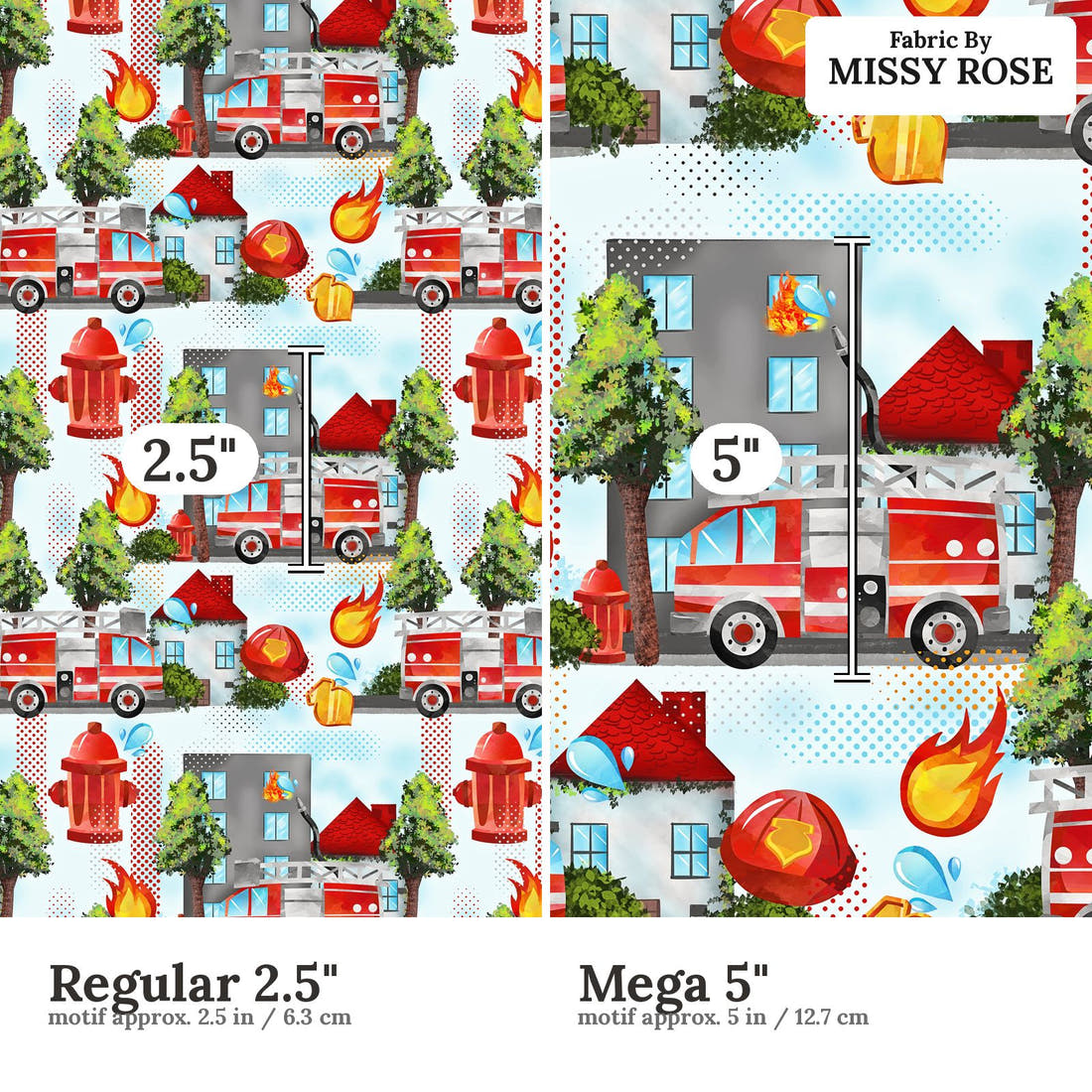 Design 1070 Fire Truck Fabric Regular 2.5 inch vs Mega 5 inch print scale side by side | Fabric by Missy Rose