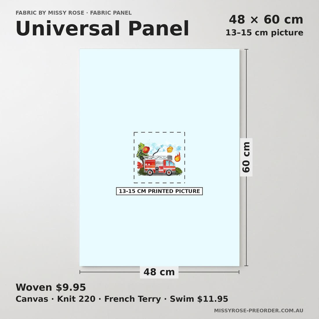 Design 1070 Fire Truck Panel universal panel sizing – 13–15 cm printed picture on 48 × 60 cm fabric | Fabric by Missy Rose
