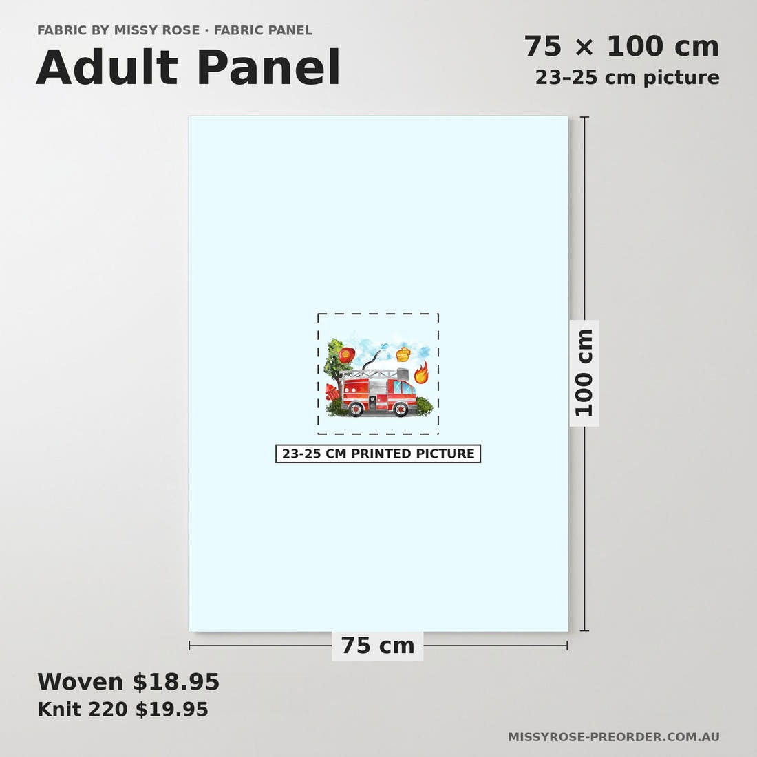 Design 1070 Fire Truck Panel adult panel sizing – 23–25 cm printed picture on 75 × 100 cm fabric | Fabric by Missy Rose